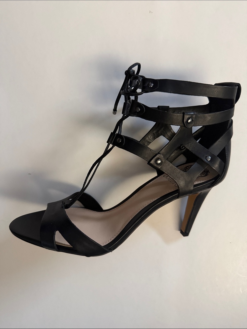 NWT VINCE CAMUTO CLARAN Black Leather Lace-Up High Heel Sandals, 9/39